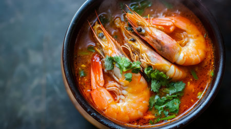 A steaming bowl of shrimp soup filled with vibrant herbs and spices, showcasing the rich flavors and comforting essence of delicious seafood cuisine.の素材
