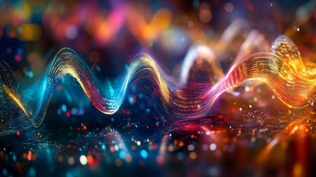 This vibrant abstract image features colorful wave patterns intertwined with light and texture, creating a dynamic visual experience perfect for creative projects.の素材