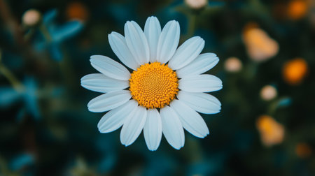 A stunning white daisy displays its vibrant yellow center against a blurred green background, symbolizing freshness and natural beauty in spring.の素材