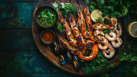 A vibrant grilled seafood platter featuring shrimp, prawns, and mussels, garnished with fresh herbs and lemon slices. Perfect for any seafood lover!の素材