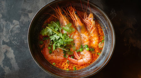 A vibrant shrimp soup showcasing fresh herbs and spices in a rich broth. Perfect for culinary enthusiasts looking for bold flavors and comfort food.の素材
