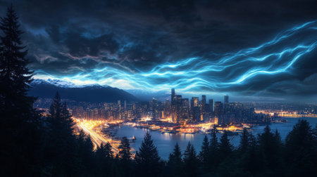 Stunning view of a vibrant city skyline illuminated at night, featuring dynamic electric blue clouds above a tranquil forest backdrop. Perfect for urban themes.の素材