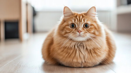 A fluffy ginger cat sits comfortably on a wooden floor, showcasing its adorable expression and vibrant fur. Ideal for capturing the essence of pet companionship and comfort.の素材