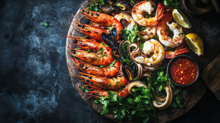 Vibrant seafood platter featuring shrimp, crustaceans, and herbs, ideal for gourmet meals. Perfect for restaurants, picnics, or special occasions.の素材