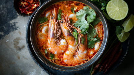 A vibrant bowl of shrimp soup filled with fresh herbs and spices, featuring plump shrimp, lime, and a flavorful broth ideal for a comforting meal.の素材