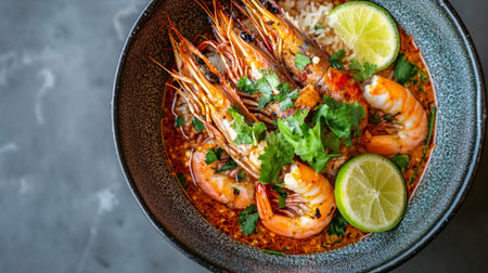 A vibrant bowl of fresh seafood featuring shrimp and lime, garnished with cilantro. Perfect for showcasing a delicious culinary experience.の素材