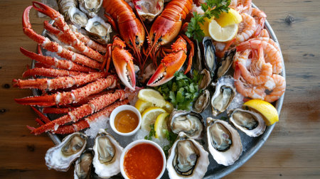 A vibrant seafood platter featuring lobster, shrimp, oysters, and crab, beautifully arranged with citrus slices and dipping sauces, perfect for gourmet dining.の素材