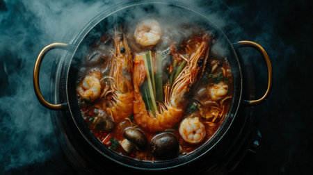 A flavorful pot of seafood stew showcases succulent shrimp, aromatic herbs, and vibrant ingredients, creating a delightful dining experience. Perfect for seafood lovers!の素材
