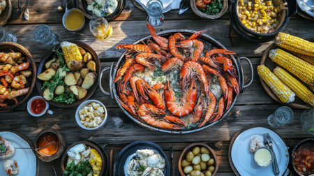 A vibrant seafood feast featuring fresh shrimp and various sides displayed on a rustic wooden table, perfect for gatherings and outdoor dining.の素材