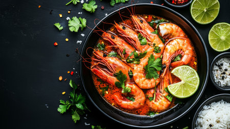 A vibrant dish featuring fresh shrimp garnished with lime and herbs, perfect for showcasing gourmet seafood cuisine in restaurants or food blogs.の素材