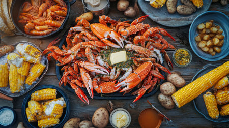 A vibrant seafood feast featuring crab, shrimp, corn, and potatoes, arranged beautifully on a rustic table. Perfect for gatherings and celebrations.の素材