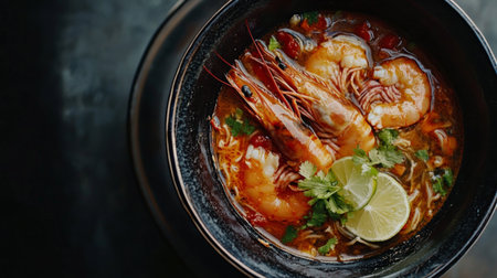 A delicious bowl of shrimp noodle soup featuring fresh herbs, lime slices, and vibrant colors. Perfect for food photography and culinary art.の素材
