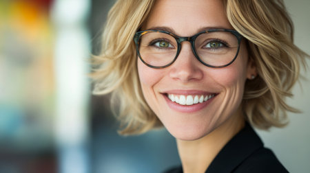 A confident and cheerful woman with glasses is smiling, radiating positivity and warmth. The portrait captures a modern and stylish vibe in a professional setting.の素材