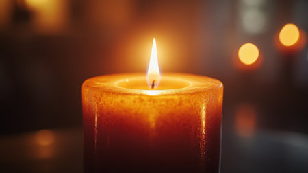 A serene candle burns softly, casting a warm glow in a dimly lit space. Ideal for conveying relaxation, tranquility, and peaceful ambiance.の素材