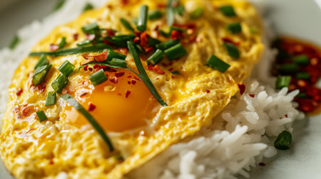 A vibrant plate featuring a fried egg atop a serving of fluffy rice, garnished with fresh green onions and a hint of spice, perfect for any meal.の素材