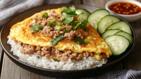 A vibrant plate of omelet served over rice, garnished with fresh cucumbers and cilantro. Ideal for food lovers and cooking enthusiasts.の素材