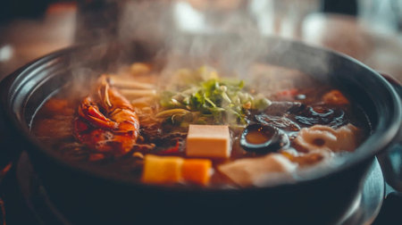 A steaming hot pot filled with fresh ingredients, including shrimp and vegetables, creates an inviting atmosphere perfect for a comforting meal.の素材