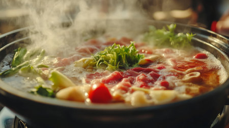 A delicious hot pot bubbling with fresh ingredients, herbs, and vegetables. The steam rises, creating a warm and inviting dining experience. Perfect for gatherings.の素材