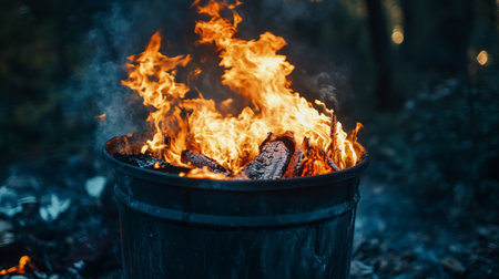 A captivating view of vibrant flames dancing in a rustic metal container, surrounded by smoke and glowing embers, evoking warmth and nostalgia.の素材