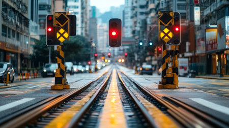 An urban railway crossing featuring bright red signal lights at dusk, flanked by modern buildings. The reflective tracks lead into the cityscape, showcasing urban infrastructure.の素材