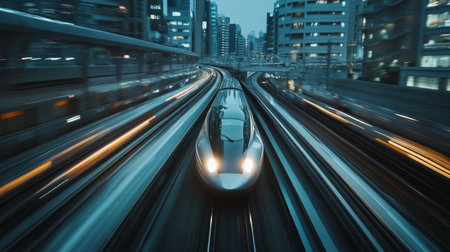A high-speed train races through an urban landscape at night, showcasing the dynamic motion and vibrant city lights in a captivating scene.の素材