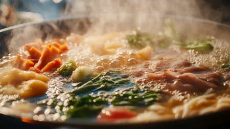 A vibrant hot pot simmering with fresh vegetables, meat, and noodles. The steam rises, creating a warm and inviting atmosphere for communal dining.の素材