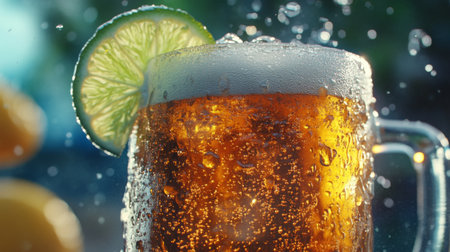 A vibrant close-up of a cold beverage with a lime slice, showcasing refreshing bubbles and condensation, perfect for summer enjoyment and gatherings.の素材
