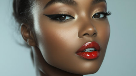 A striking beauty portrait showcasing bold makeup, emphasizing smooth skin and vibrant lips. This image captures elegance and confidence in a modern aesthetic.の素材