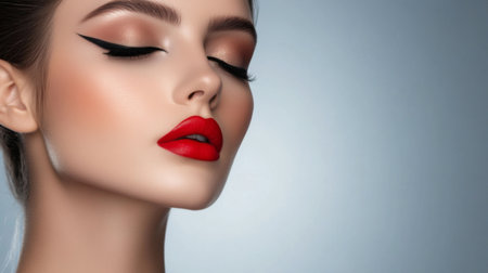 Captivating portrait of a model showcasing bold makeup with striking red lips and dramatic eyeliner, highlighting contemporary beauty aesthetics in an elegant pose.の素材