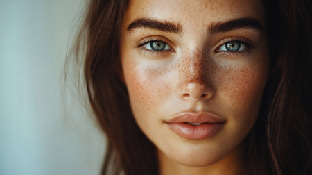 A stunning close-up portrait of a young woman highlighting her freckles and blue eyes. The natural makeup enhances her fresh and youthful appearance.の素材