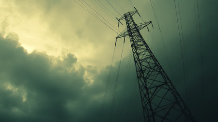 A striking silhouette of a power line against a dramatic sky filled with thick clouds, creating a moody and atmospheric scene at dusk.の素材