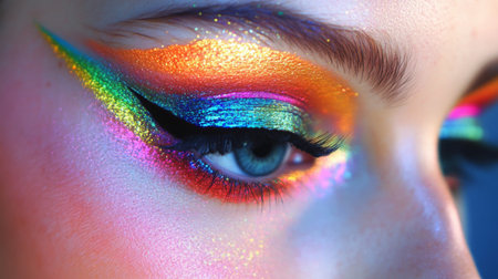 Stunning close-up view of an eye featuring vibrant and artistic makeup with colorful glitter. The creative use of colors showcases modern beauty trends.の素材