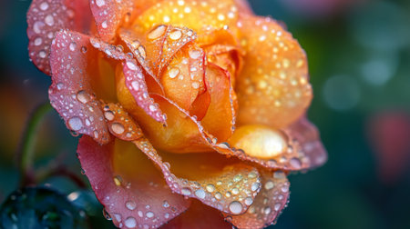 A close-up of a vibrant rose adorned with water droplets, showcasing the delicate beauty of nature. Perfect for themes of romance and freshness.の素材