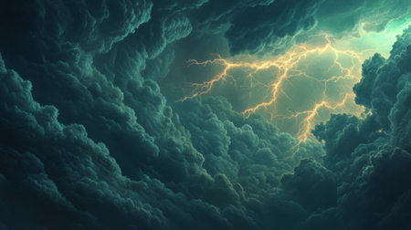 A breathtaking view of storm clouds illuminated by dramatic lightning, capturing the raw power of nature. The scene evokes emotions of awe and intensity.の素材