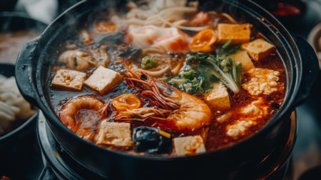 A delicious spicy hot pot featuring fresh seafood, tofu, and vegetables, perfect for cozy meals. Enjoy the vibrant colors and rich flavors.の素材
