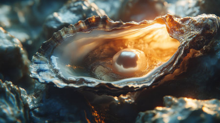 A stunning close-up of an open oyster revealing a lustrous pearl, glimmering under soft light. This captivating image highlights marine beauty and natural elegance.の素材