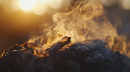 A captivating close-up of a glowing campfire, with smoke rising and embers glowing, creating a warm atmosphere. Perfect for outdoor and leisure themes.の素材