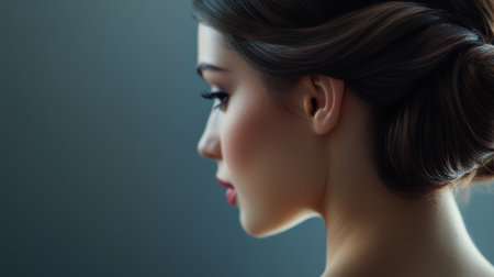 A captivating profile portrait of a woman showcasing elegance and beauty. The soft lighting highlights her features and hairstyle, creating a timeless look.の素材