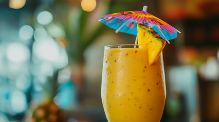 A vibrant mango cocktail garnished with a colorful umbrella and pineapple slice, perfect for summer parties and tropical gatherings.の素材