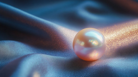A stunning pearl resting on soft silk fabric, showcasing elegance and luxury. The play of light on the smooth surface creates a serene and artistic atmosphere.の素材