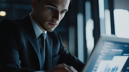 A focused businessman in a modern office environment is intently working on his laptop, symbolizing productivity and professionalism. Perfect for business themes.の素材