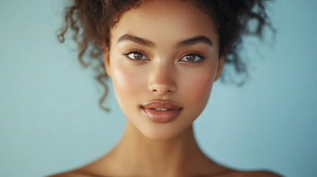 This captivating portrait features a young woman with natural beauty, showcasing her glowing skin and curly hair against a serene background.の素材