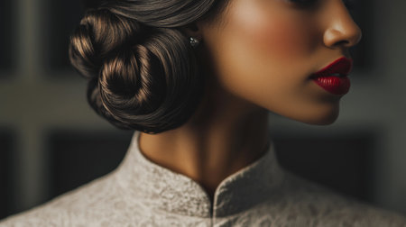This elegant portrait captures a woman showcasing a stylish hairdo, striking red lips, and sophisticated attire, embodying beauty and grace in a close-up profile.の素材