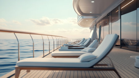 A stunning view of a luxury yacht deck featuring comfortable loungers overlooking tranquil ocean waters, perfect for relaxation and summer vacations.の素材