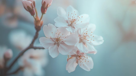 A soft-focus image of delicate cherry blossoms enriched by gentle sunlight, capturing the essence of spring and natural beauty in serene hues.の素材