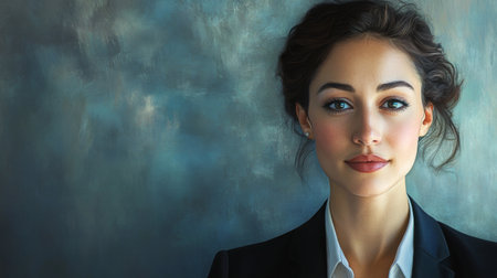 A striking portrait of a professional woman exuding natural beauty and confidence. Her calm expression and elegant attire create a memorable image ideal for business or personal branding.の素材