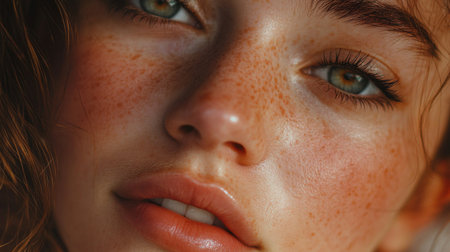 A captivating close-up portrait of a young woman showcasing her natural beauty. Freckles adorn her glowing skin, highlighting her serene expression and sparkling eyes.の素材