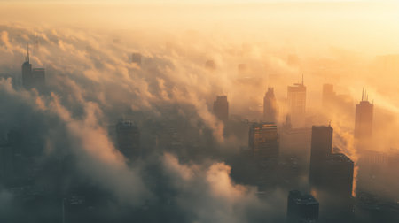 A breathtaking view of a city skyline at sunrise, enveloped in mist and fog. The soft light creates a tranquil atmosphere, showcasing towering buildings.の素材