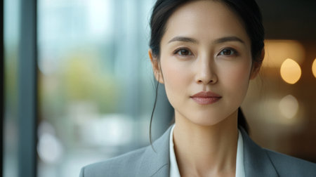 Portrait of a confident businesswoman in a modern office. She exudes professionalism and determination, ideal for themes of leadership and empowerment.の素材