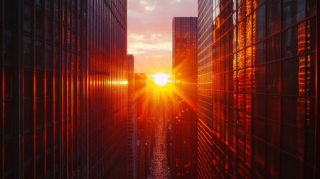 A breathtaking view of a sunset captured between towering skyscrapers, reflecting on glass surfaces, creating a vibrant and warm atmosphere.の素材